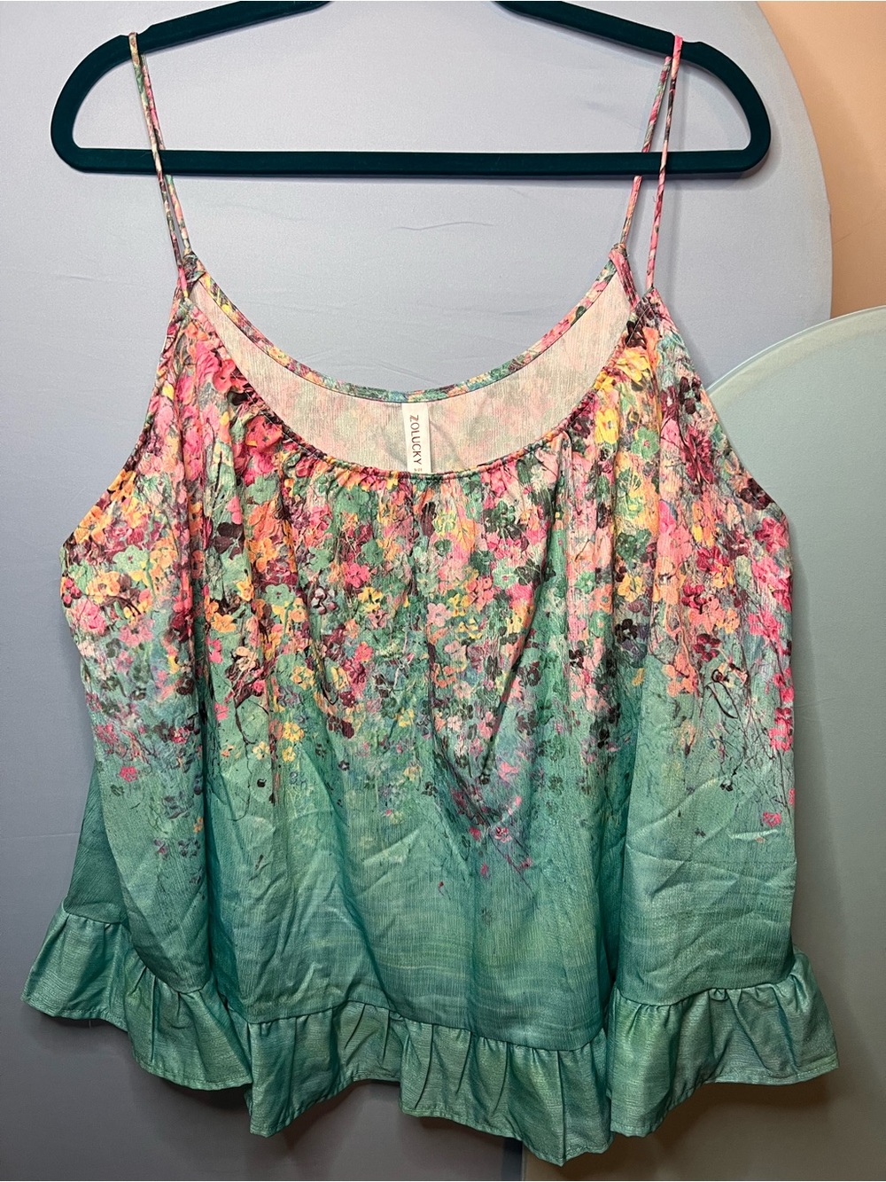 Zolucky | Mint Green Floral Ruffle-Trim Peplum Style Crop Tank | Size 2X